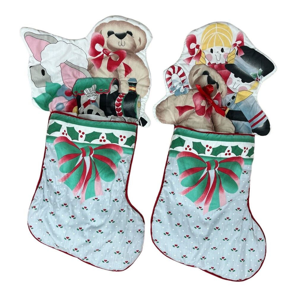 2 Vintage Dakin Christmas Stockings 1987 Teddy Bear Doll Lamb Train Soldier Toys